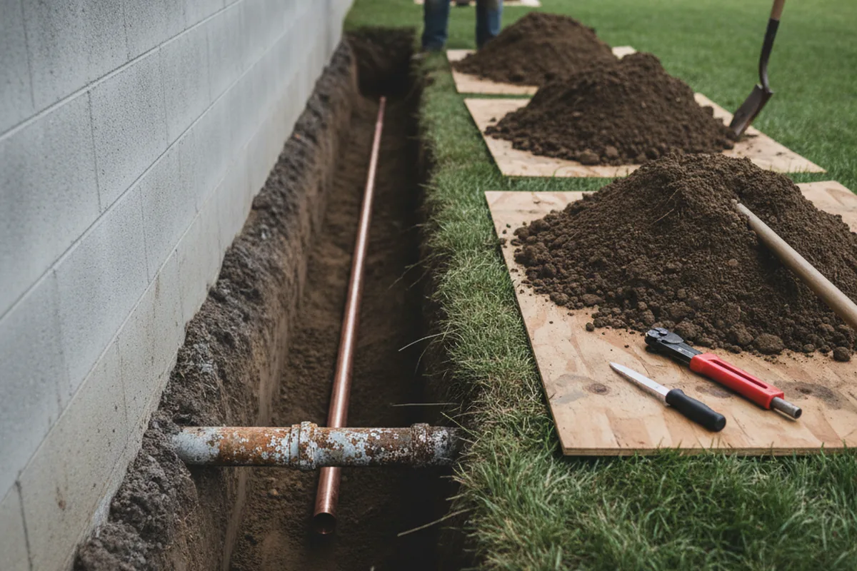 Excavated water line trench during Sewer Line Repair in Forest Hill